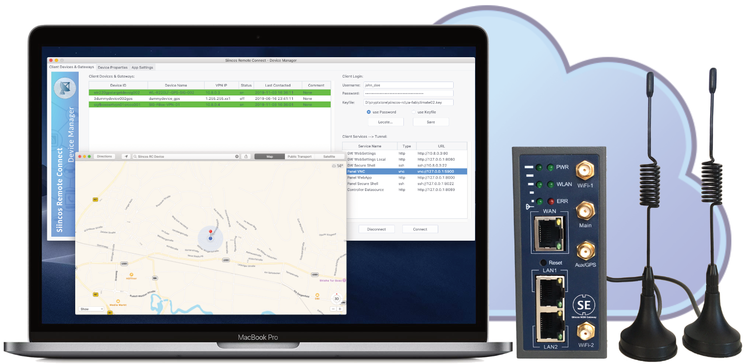 Siincos Remote Connect UMTS Router und Siincos Device Manager App auf einem MacBook Pro