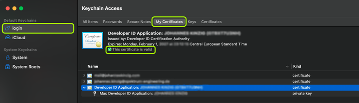 Keychain.app zeigt gültiges Code Sign Zertifikat
