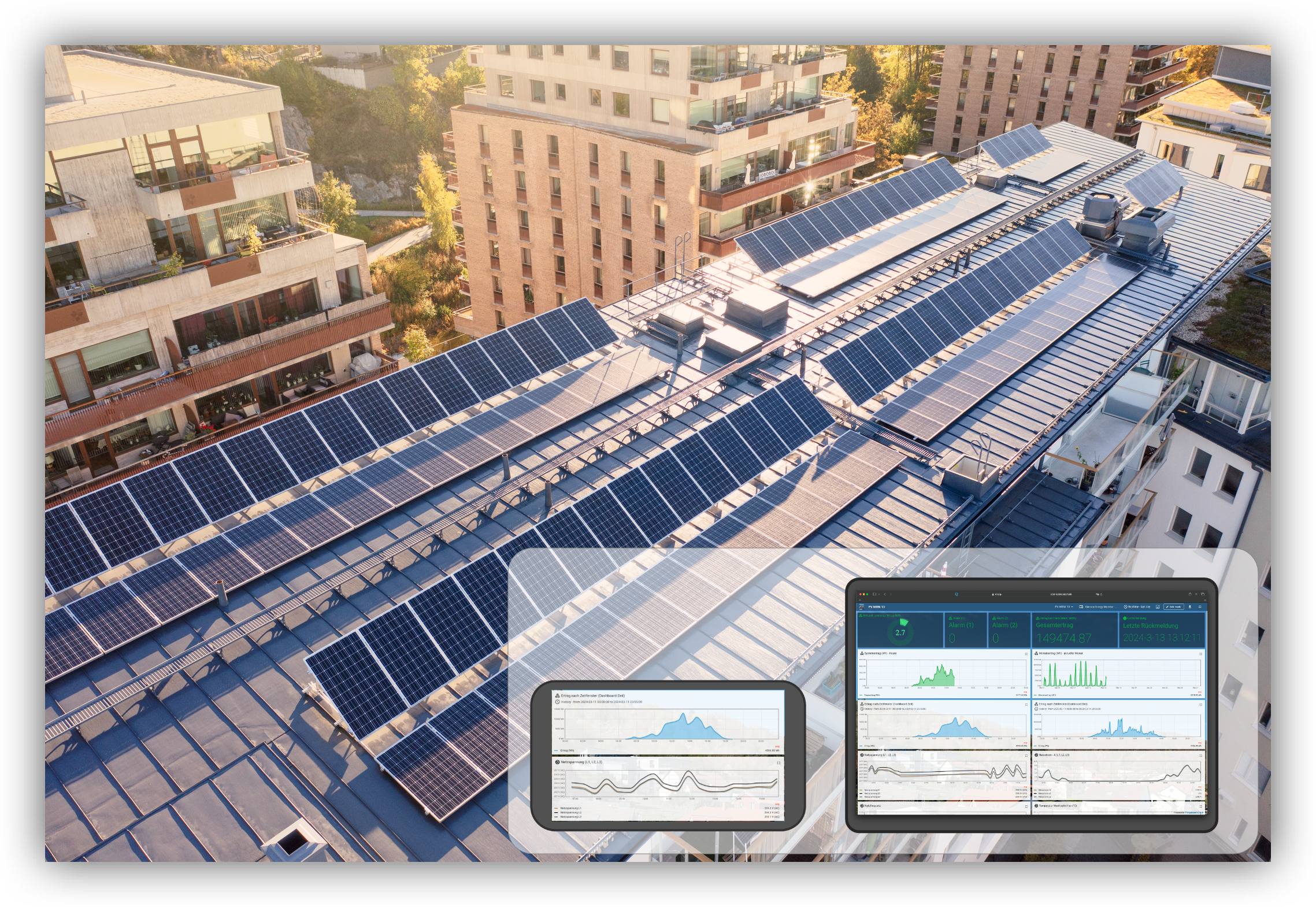 Siincos IoT Cloud auf einem Notebook und Smartphone, das Dashboard zeigt den Ertrag einer PV Anlage